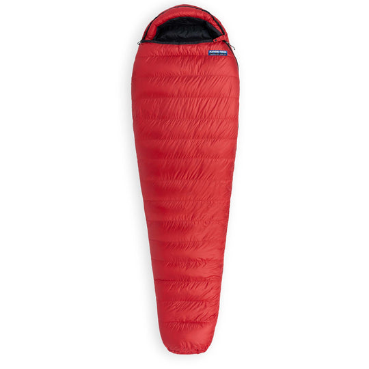 Cardinal red Hummingbird YF 20 Degree down sleeping bag fully zipped on a white background