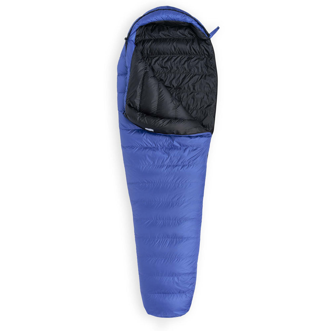 Marine blue Hummingbird YF 20 Degree down sleeping bag unzipped on a white background