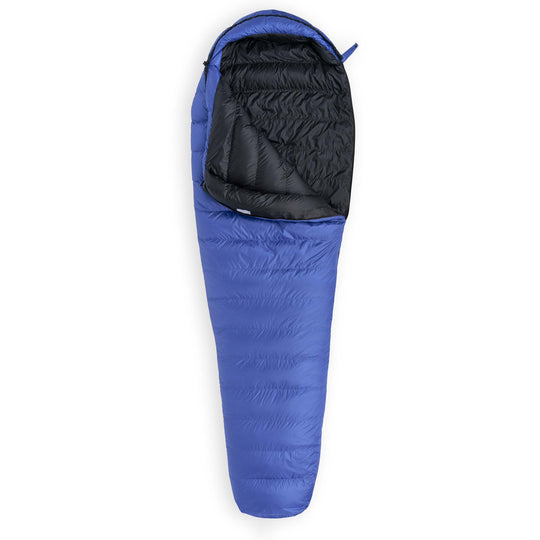 Marine blue Hummingbird YF 20 Degree down sleeping bag unzipped on a white background
