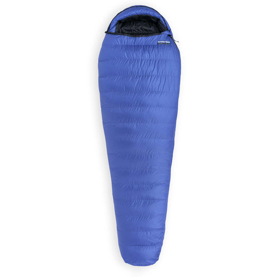 Marine blue Hummingbird YF 20 Degree down sleeping bag fully zipped on a white background