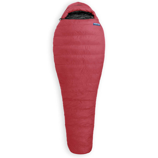 Feathered Friends Phoenix Red Ibis Light Winter Sleeping Bag fully zipped on white background