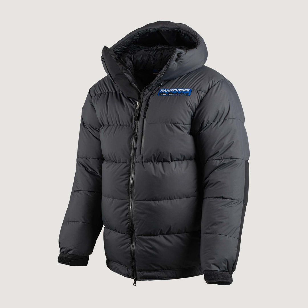 Feathered Friends Khumbu Parka Iron Gray studio photo view of the front