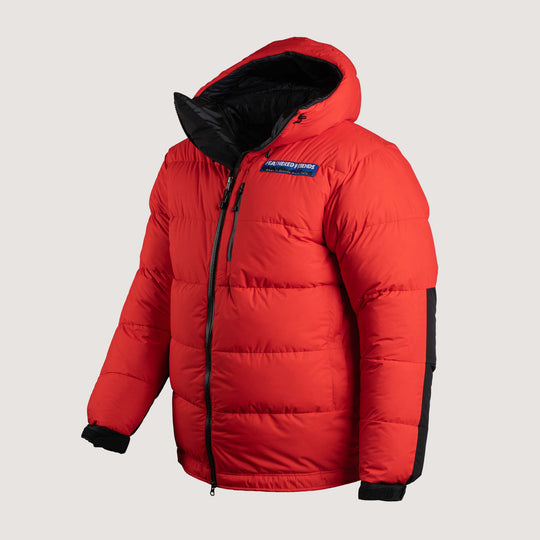 Feathered Friends Khumbu Parka Red Pepper studio photo view of the front