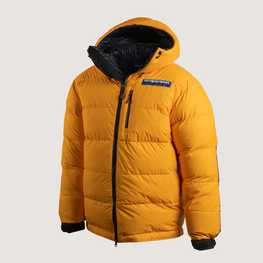 Feathered Friends Khumbu Parka Saffron Yellow studio photo view of the front