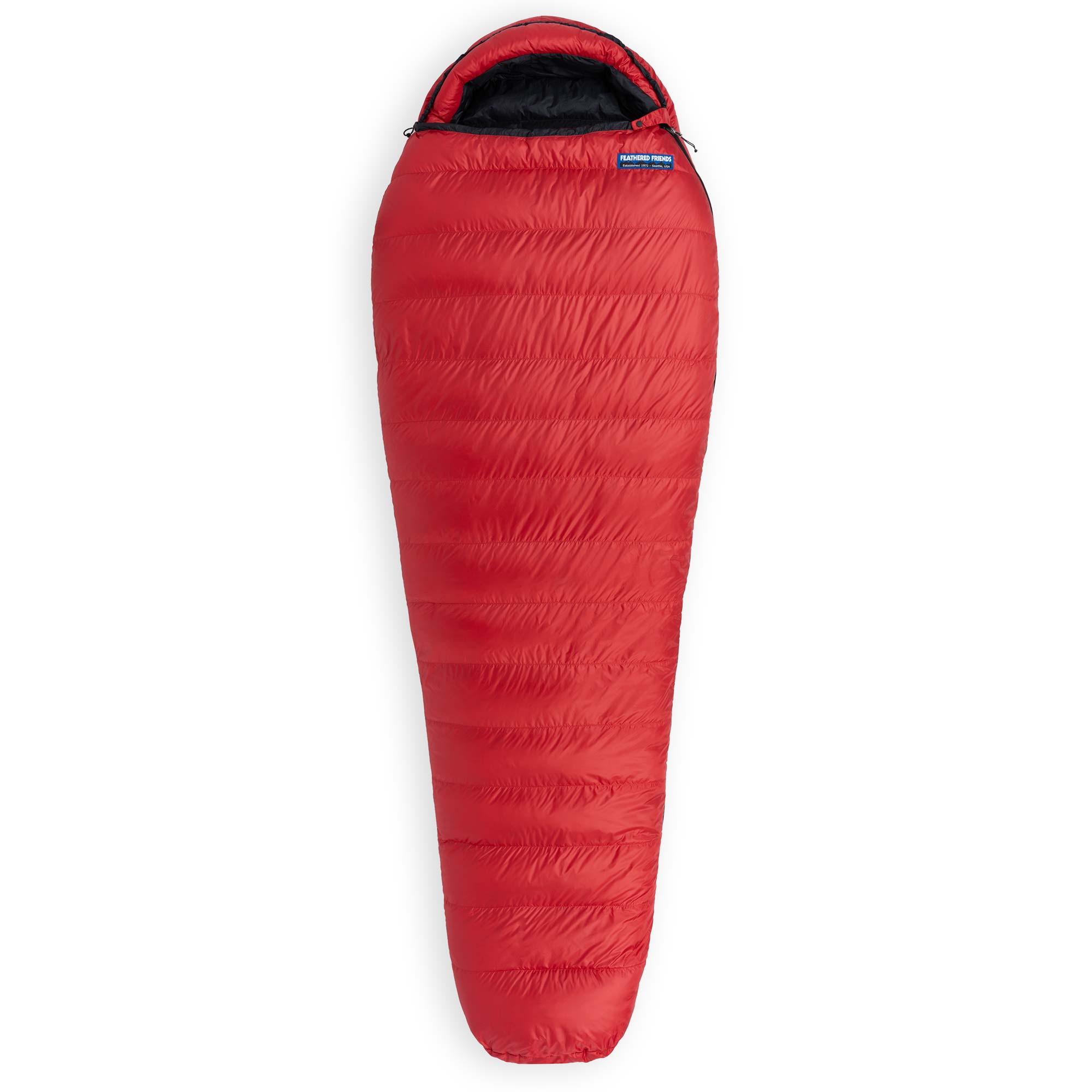 Cardinal red Lark YF 10 Degree down sleeping bag fully zipped on white background