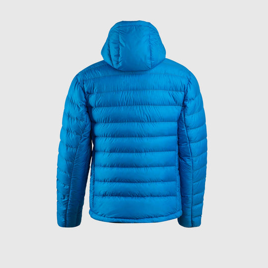 Studio back view of a sky blue Men's Feathered Friends Eos Down Jacket