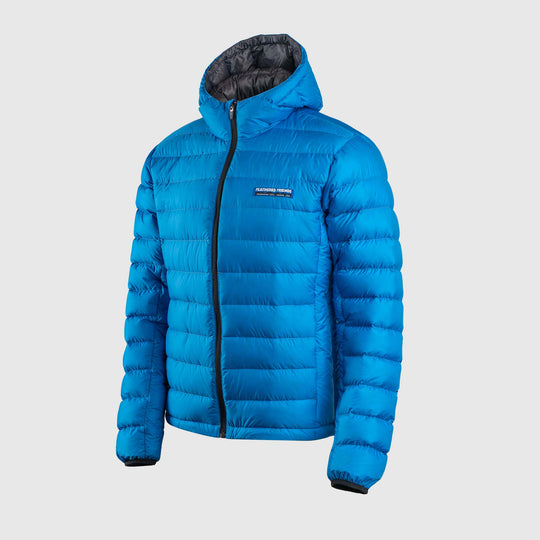 Studio front view of a sky blue Men's Feathered Friends Eos Down Jacket