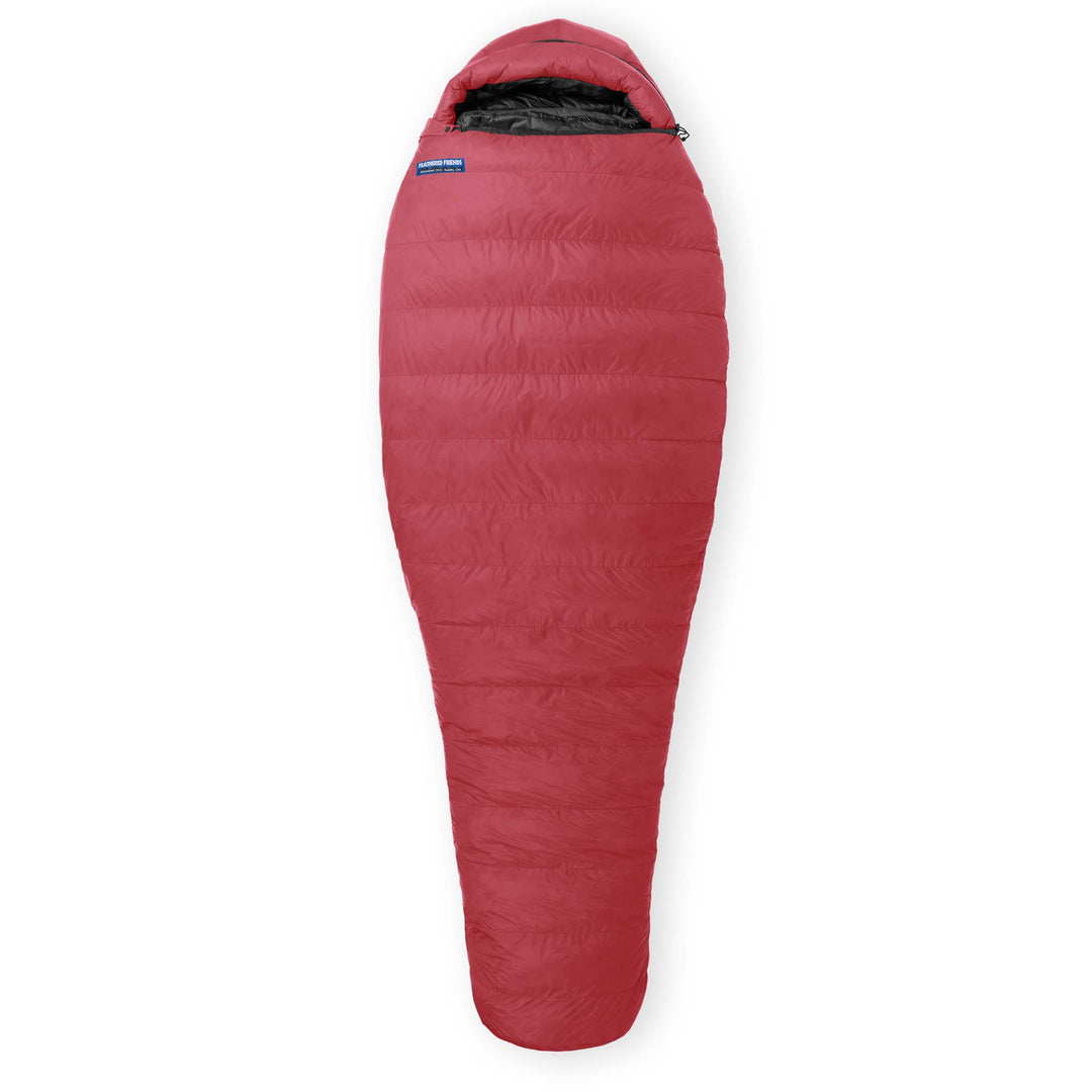 A Phoenix red Feathered Friends Women's Murre Winter Light down sleeping bag on a white background