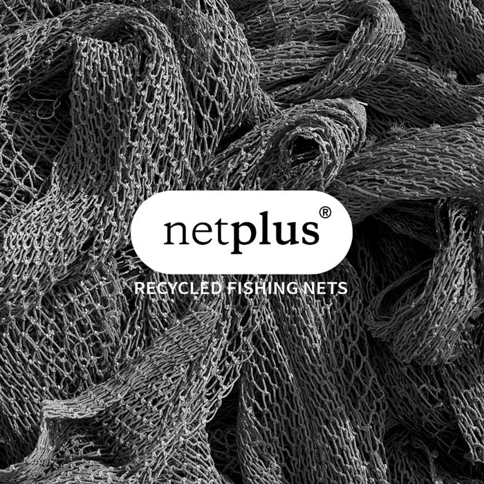 Recycled fishing nets with 'netplus' logo and text overlay