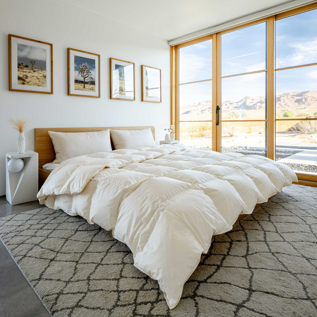 An organic cotton Feathered Friends Organic Bavarian down comforter on a bed in a bright bedroom in a desert setting