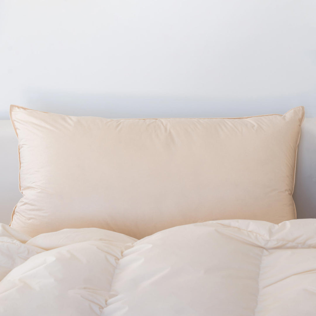 A single raw organic cotton down pillow on a bed