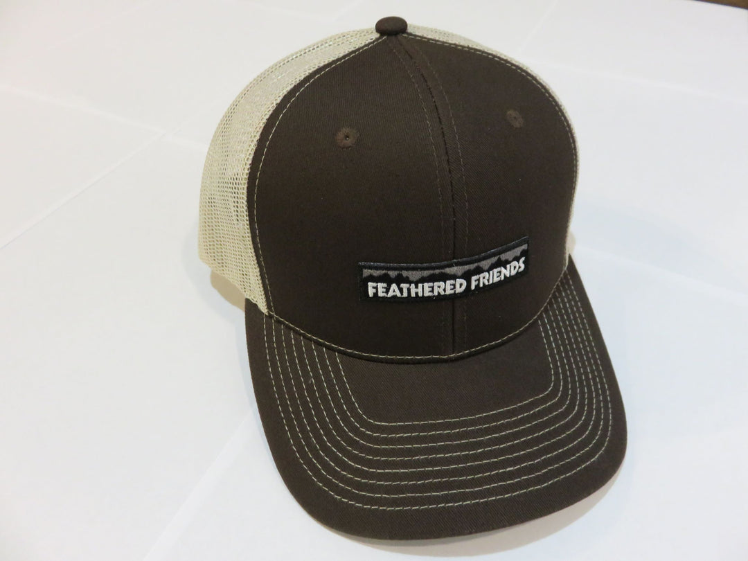 Kam Gear-Feathered Friends Pro Style Trucker Mountain Logo Patch Hat-Clothing-Charcoal Brown/Tan-