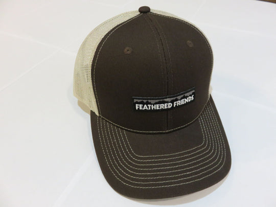 Kam Gear-Feathered Friends Pro Style Trucker Mountain Logo Patch Hat-Clothing-Charcoal Brown/Tan-