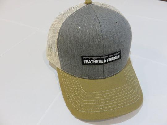 Kam Gear-Feathered Friends Pro Style Trucker Mountain Logo Patch Hat-Clothing-Heather Grey/Amber/Stone-