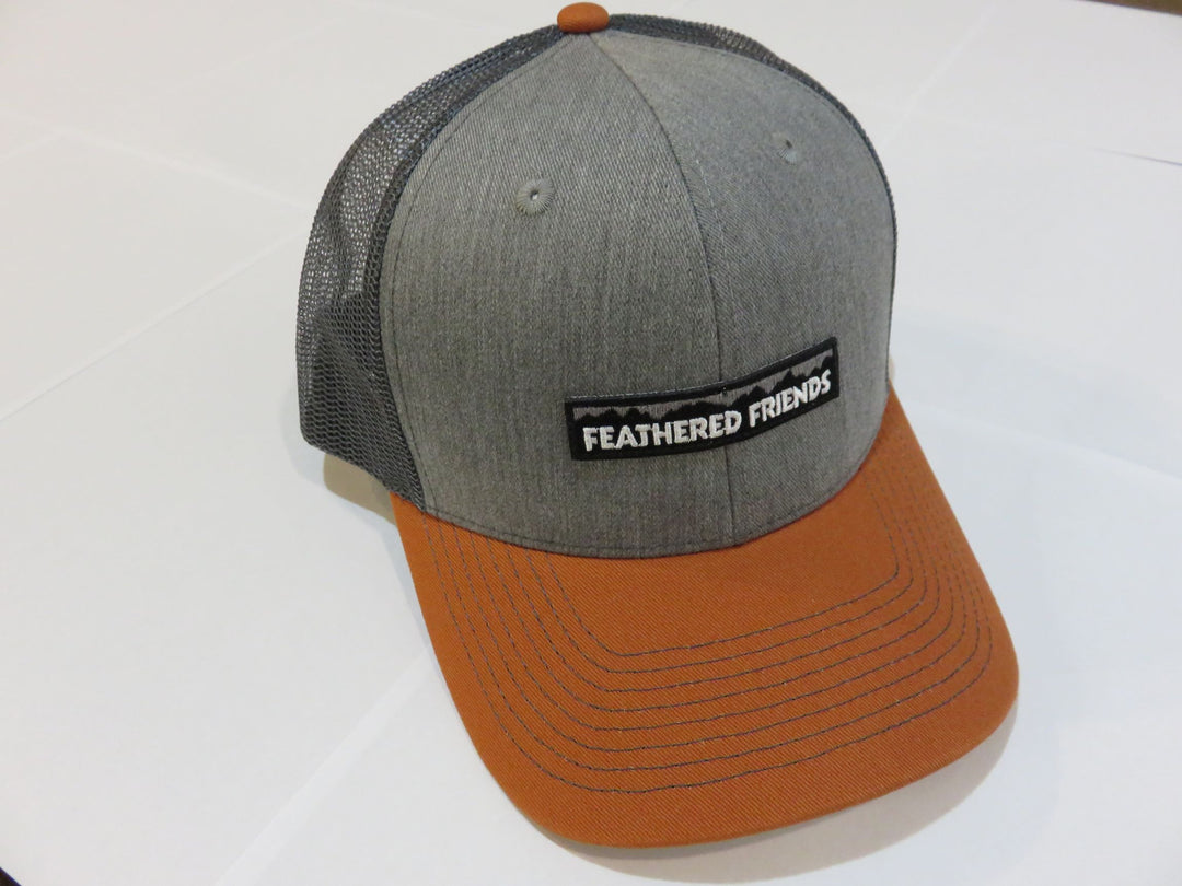 Kam Gear-Feathered Friends Pro Style Trucker Mountain Logo Patch Hat-Clothing-Heather Grey/Burnt Orange/Charcoal-