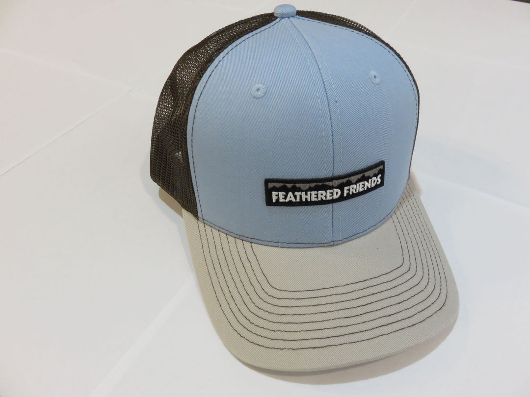 Kam Gear-Feathered Friends Pro Style Trucker Mountain Logo Patch Hat-Clothing-Light Blue/Natural/Brown-