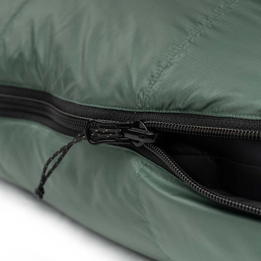 Fir green Feathered Friends Puffin Down Sleeping Bag zipper detail