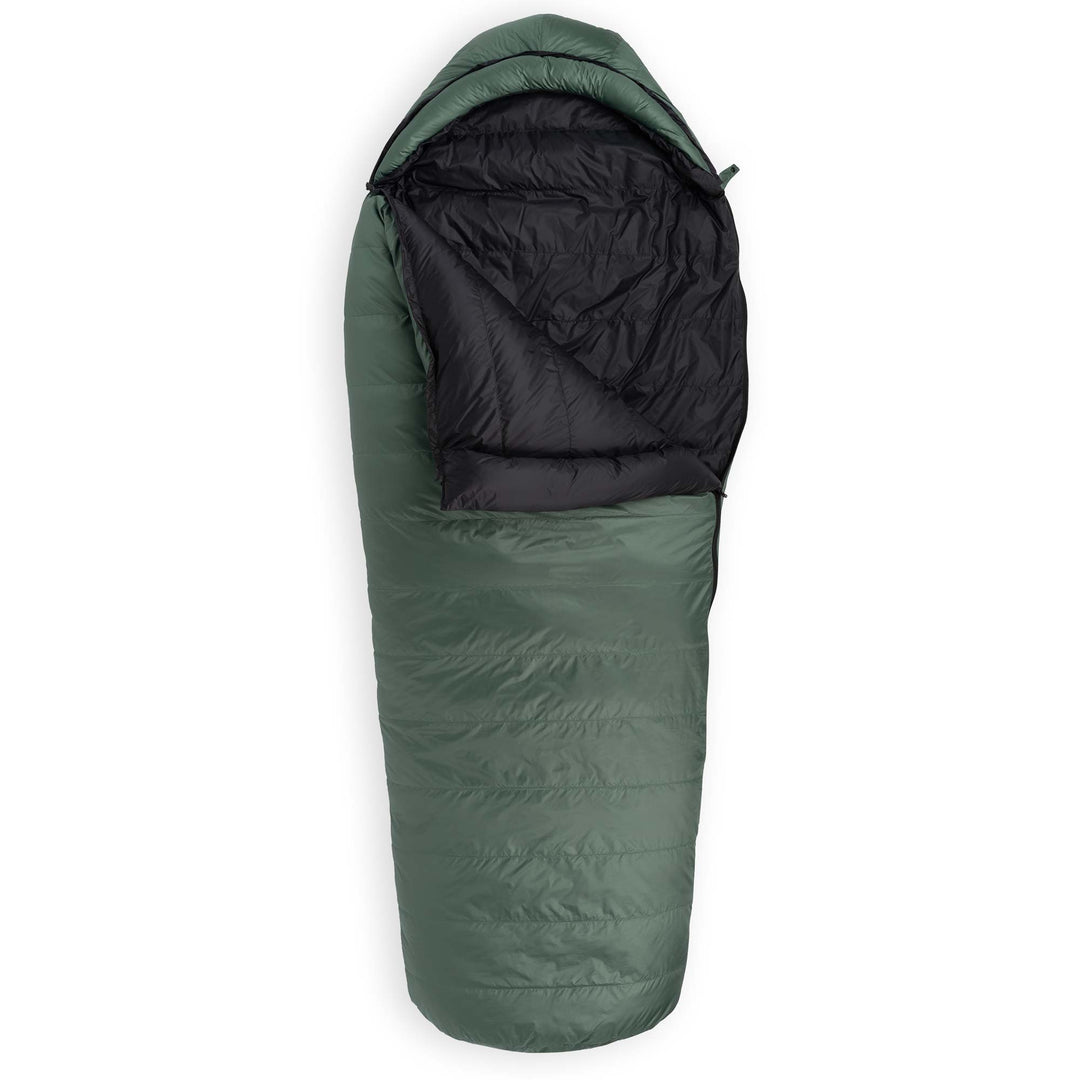 Fir green Feathered Friends Puffin Down Sleeping Bag unzipped on white background