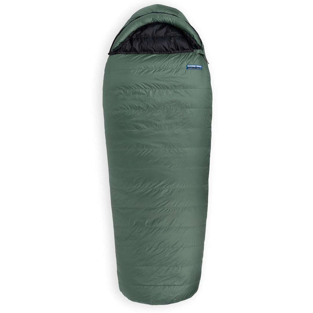 Fir green Feathered Friends Puffin Down Sleeping Bag zipped on white background