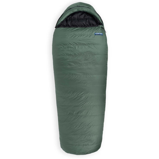 Fir green Feathered Friends Puffin Down Sleeping Bag zipped on white background