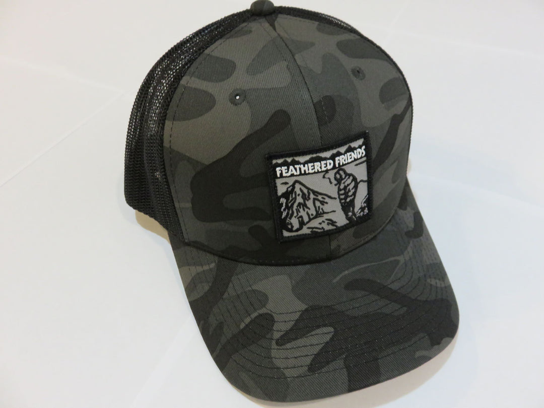 Kam Gear-Feathered Friends Smoking Man Pro Style Trucker Hat-Clothing-Black Camo/Black-