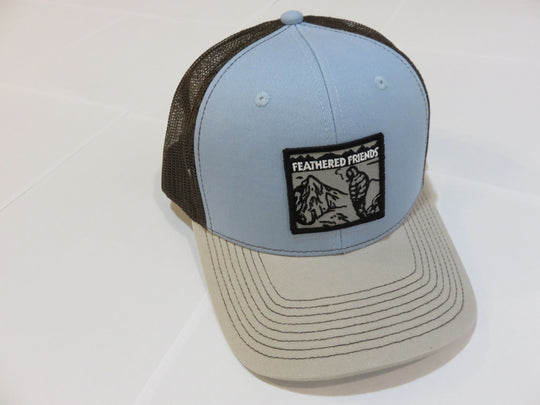 Kam Gear-Feathered Friends Smoking Man Pro Style Trucker Hat-Clothing-Light Blue/Natural/Brown-