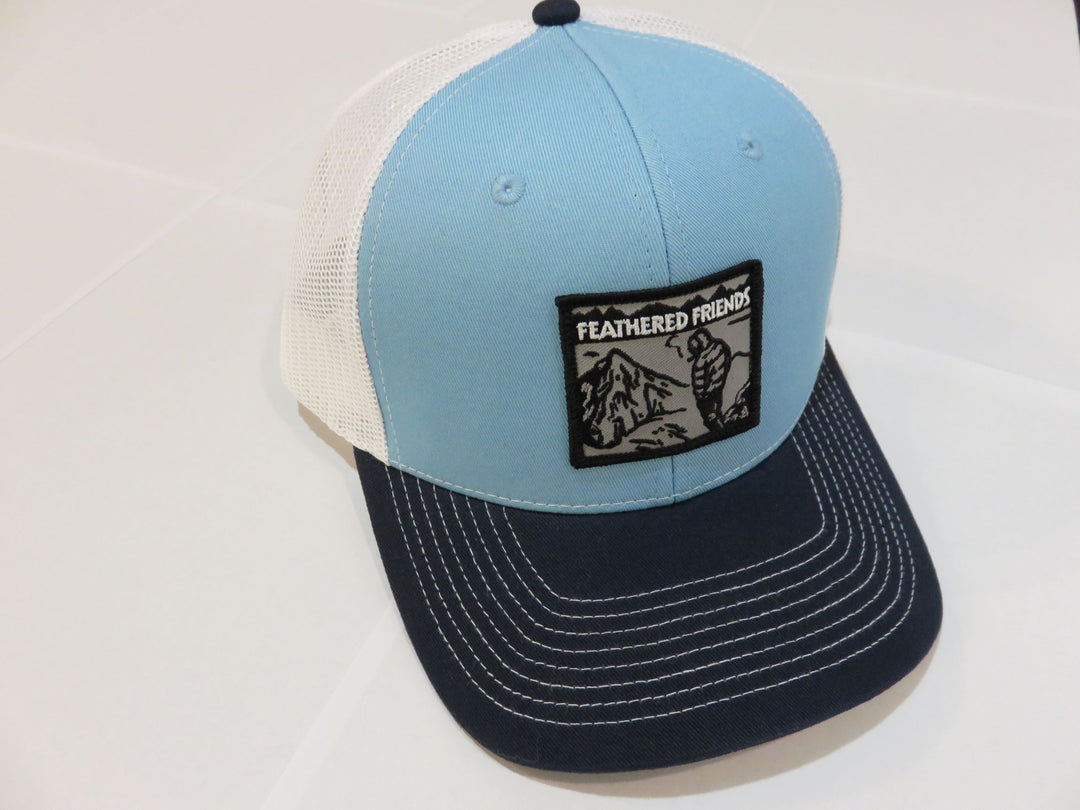 Kam Gear-Feathered Friends Smoking Man Pro Style Trucker Hat-Clothing-Light Blue/Navy/White-