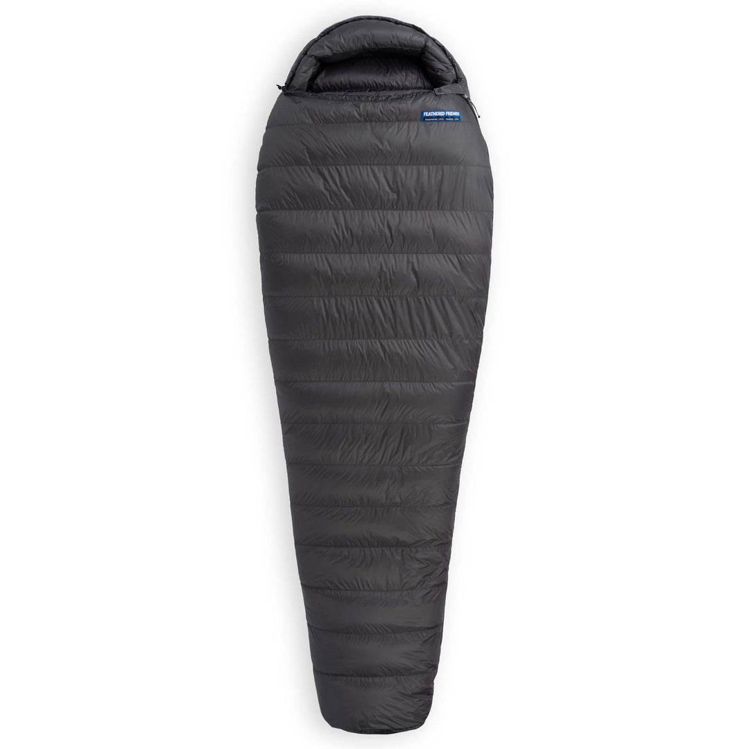 Fully zipped Feathered Friends Swallow UL ultralight 20 30 degree standard width mummy down sleeping bag dark Graphite gray on white background