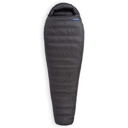 Fully zipped Feathered Friends Swallow UL ultralight 20 30 degree standard width mummy down sleeping bag dark Graphite gray on white background