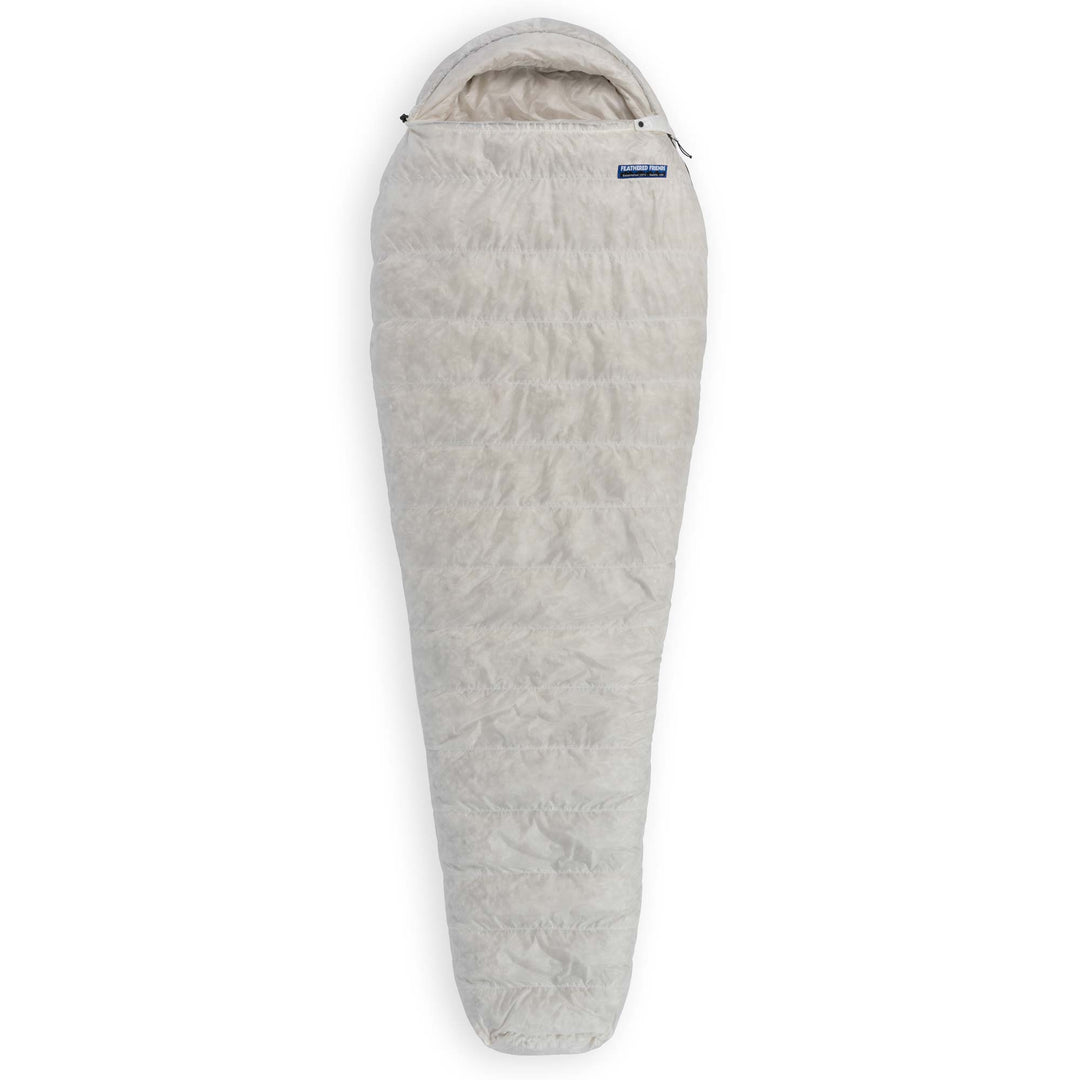 Fully zipped Feathered Friends Swallow UL ultralight 20 30 degree standard width mummy down sleeping bag Undyed Pertex Quantum Pro on white background