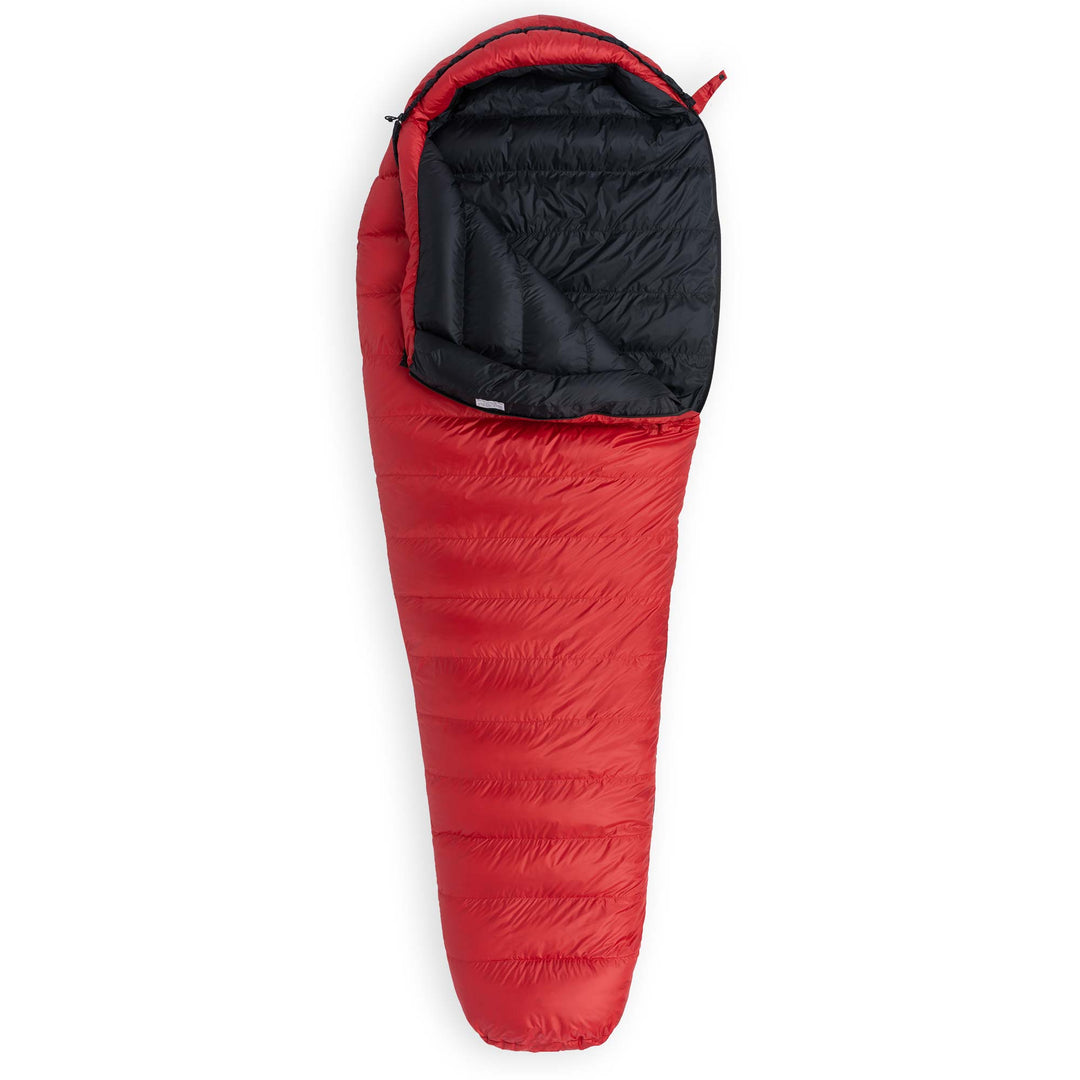 Cardinal red Feathered Friends Swallow YF down sleeping bag unzipped up on white background