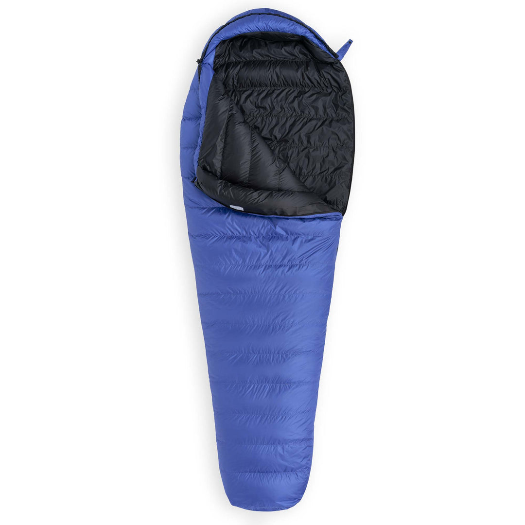 Marine blue Feathered Friends Swallow YF down sleeping bag unzipped up on white background