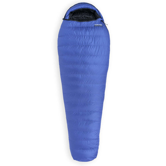 Marine blue Feathered Friends Swallow YF down sleeping bag zipped up on white background