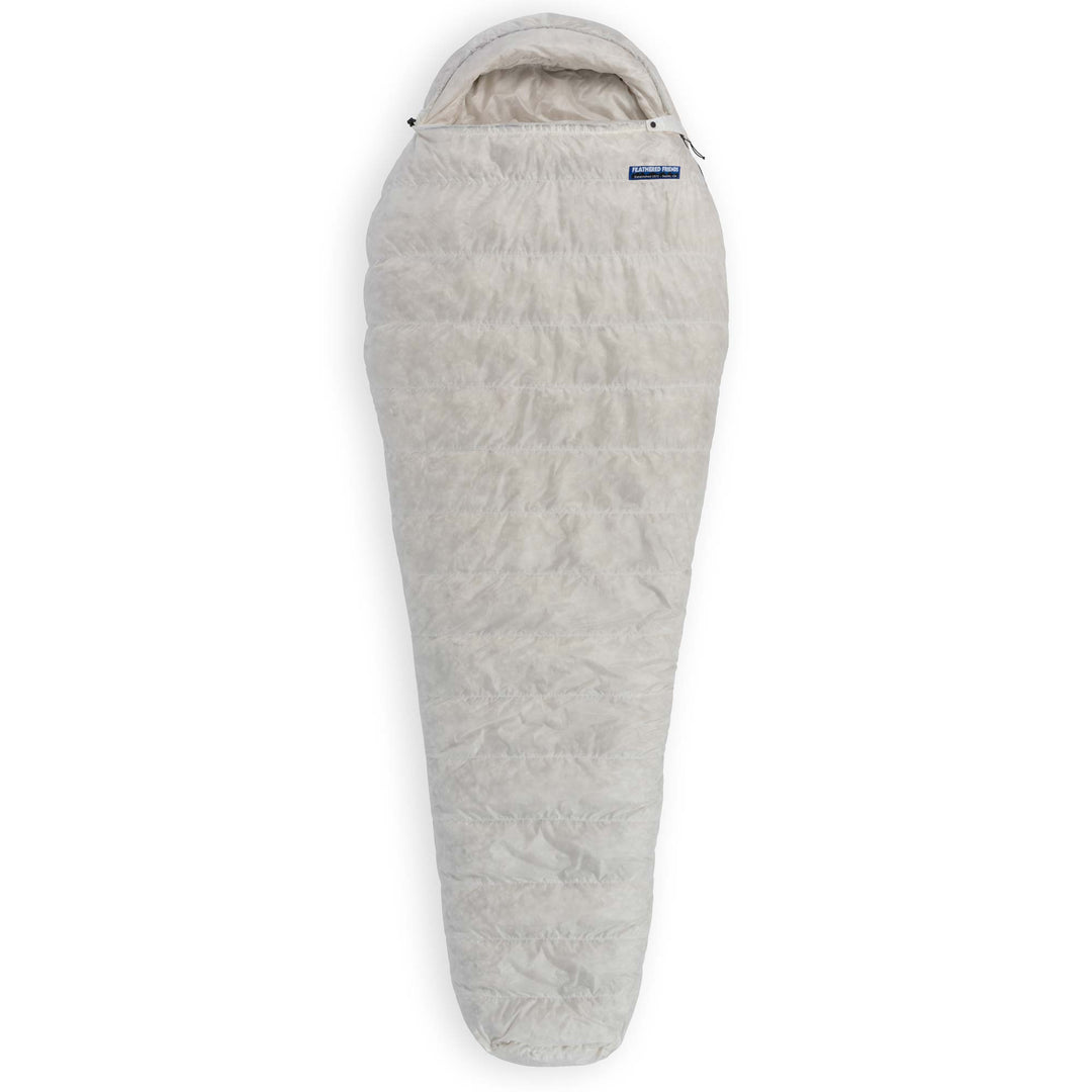 Fully zipped Feathered Friends Swift UL Ultralight 20 Degree 30 Degree wide mummy down sleeping bag in Undyed Pertex Quantum Pro