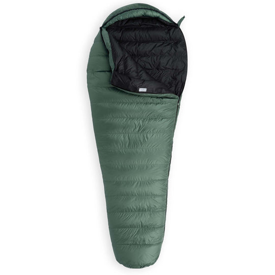 Fir green Feathered Friends Swift YF down sleeping bag unzipped on a white background