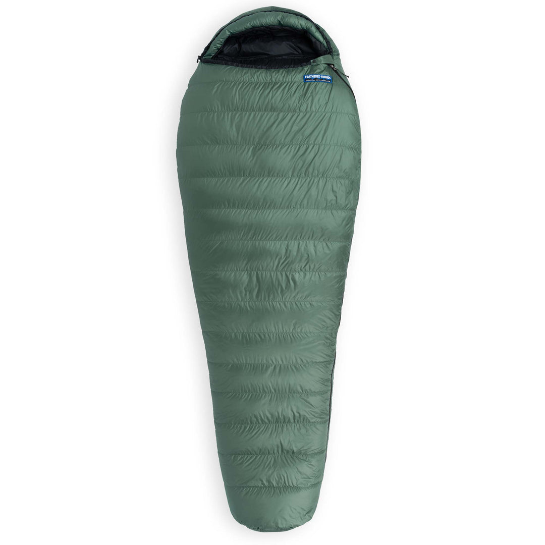 Fir green Feathered Friends Swift YF down sleeping bag fully zipped on a white background