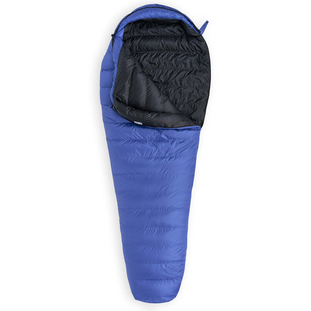 Marine blue Feathered Friends Swift YF down sleeping bag unzipped on a white background