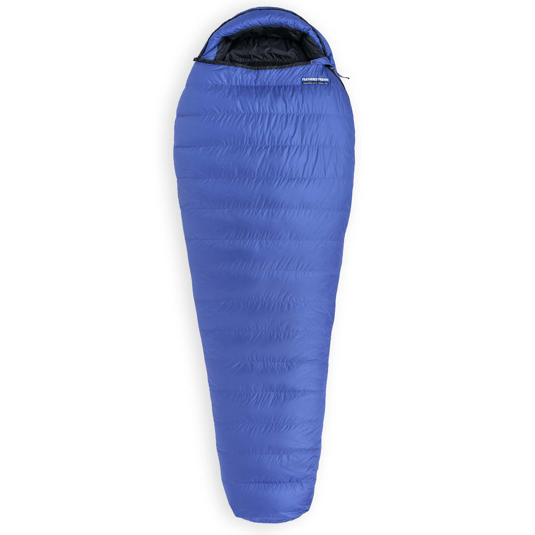 Marine blue Feathered Friends Swift YF down sleeping bag fully zipped on a white background