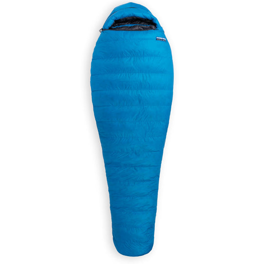 Cerulean blue Feathered Friends Widgeon -10 sleeping bag fully zipped on white background