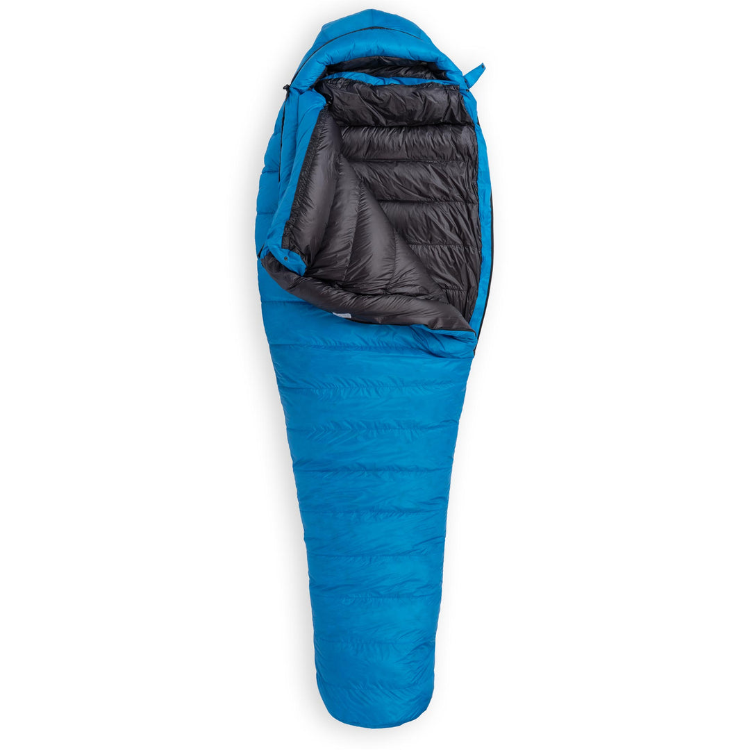 Feathered Friends Cerulean Blue Widgeon -10 sleeping bag unzipped on a white background