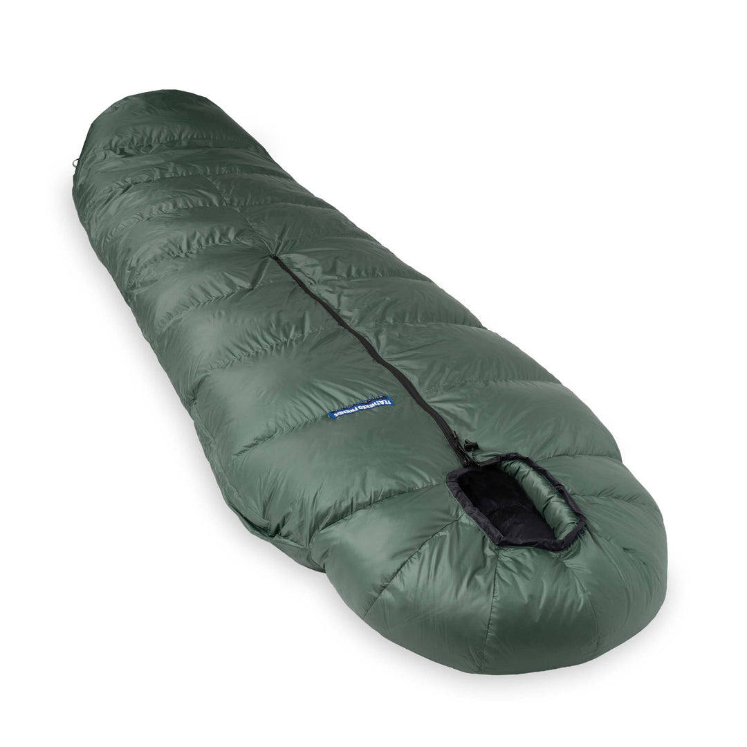 Fir green Feathered Friends Winter Wren sleeping bag with cinched bottom on white background