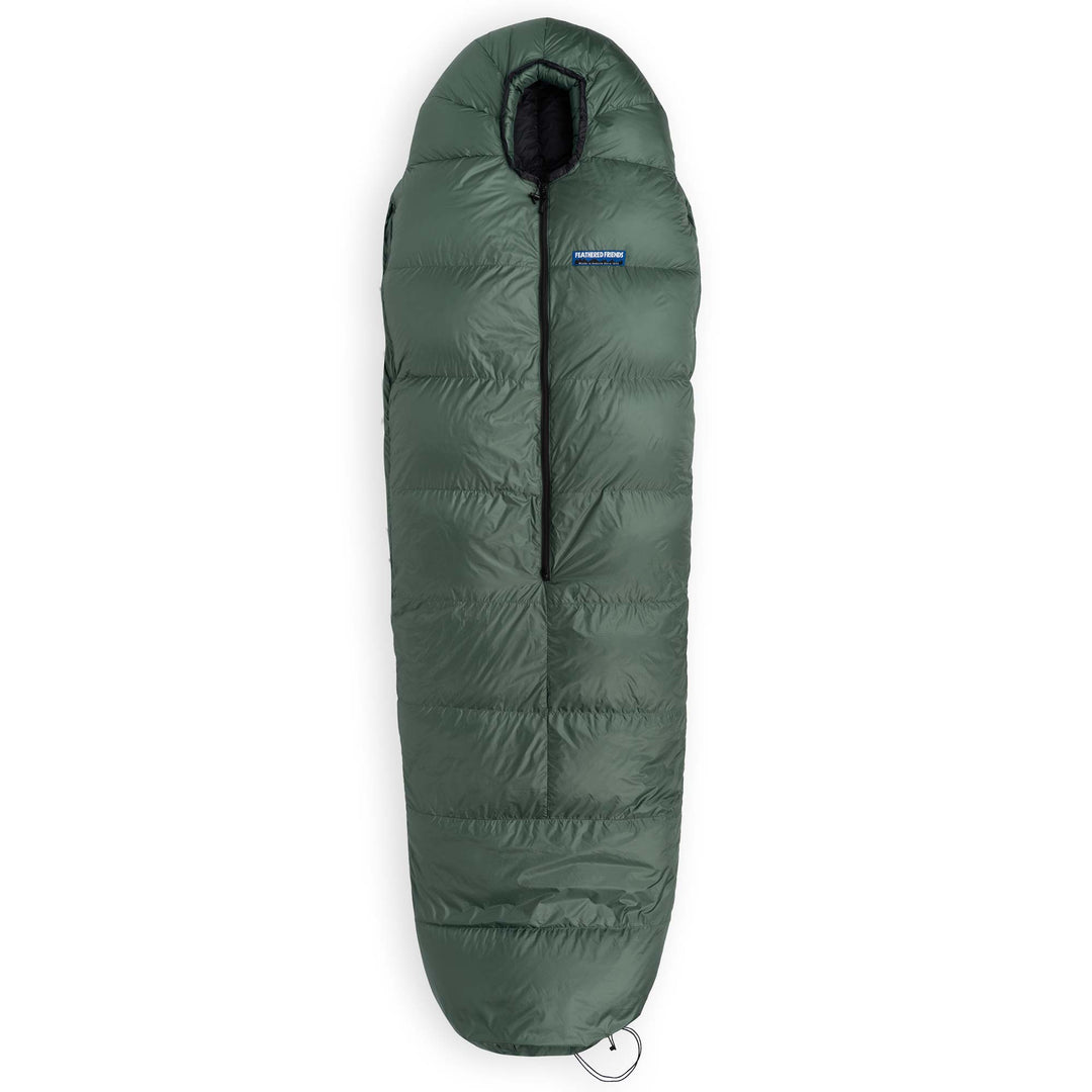 Fir green Feathered Friends Winter Wren sleeping bag with cinched bottom on white background