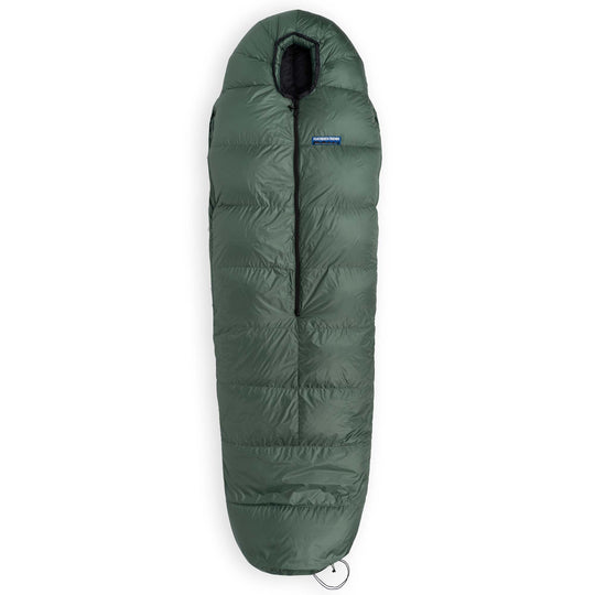 Fir green Feathered Friends Winter Wren sleeping bag with cinched bottom on white background