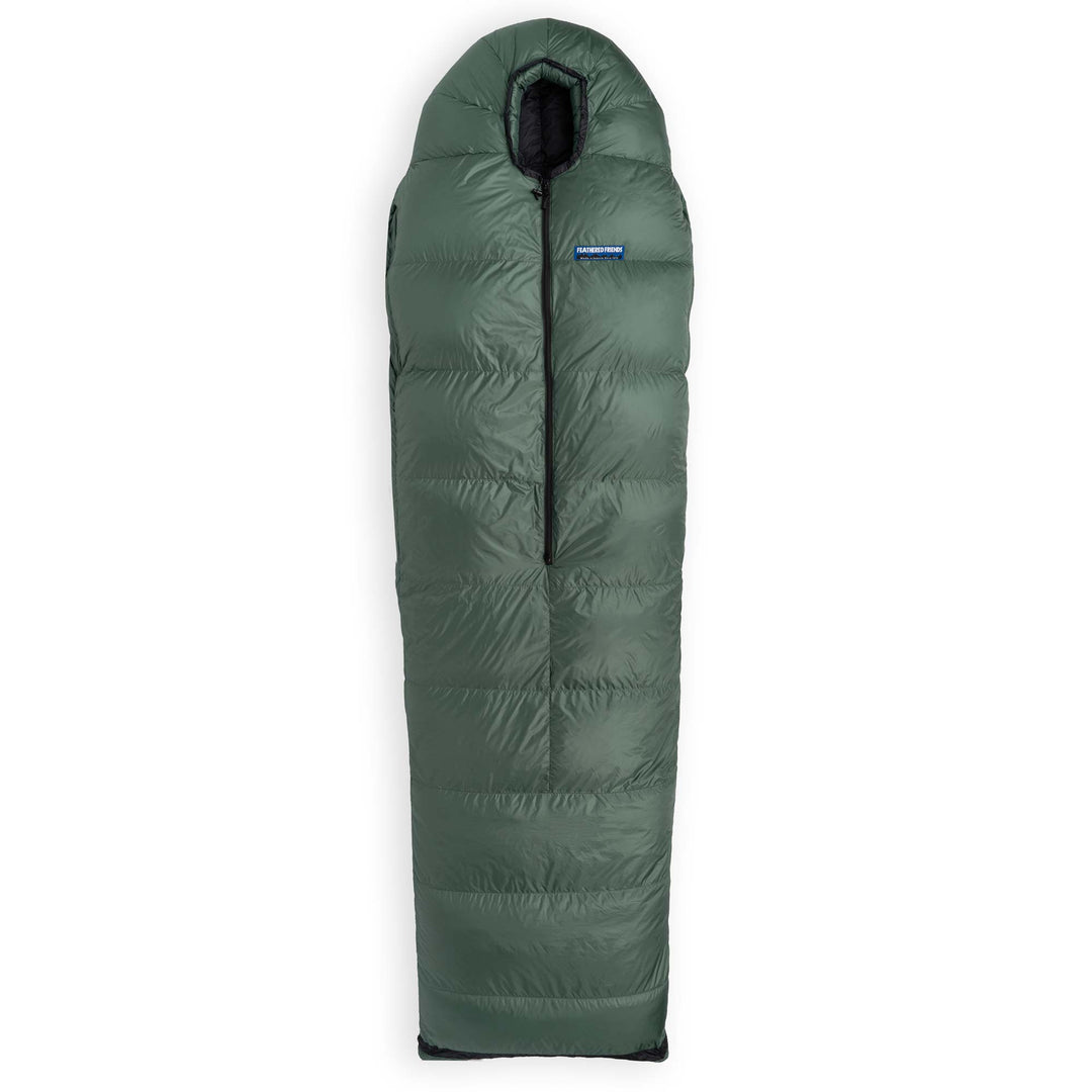 Fir green Feathered Friends Winter Wren sleeping bag with undone bottom on white background