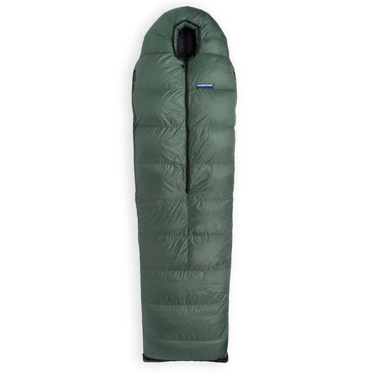 Fir green Feathered Friends Winter Wren sleeping bag with undone bottom on white background