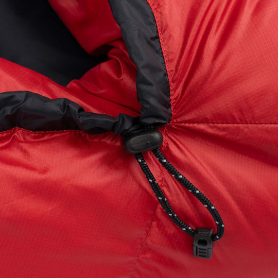 Cardinal red Feathered Friends YF sleeping bag hood drawcord detail