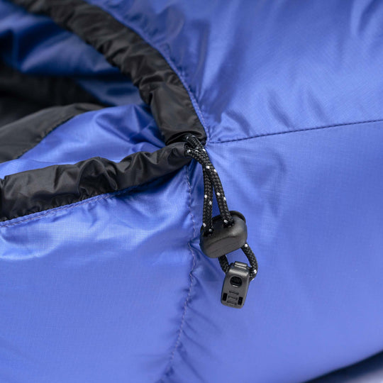 Marine blue Feathered Friends YF sleeping bag hood drawcord detail