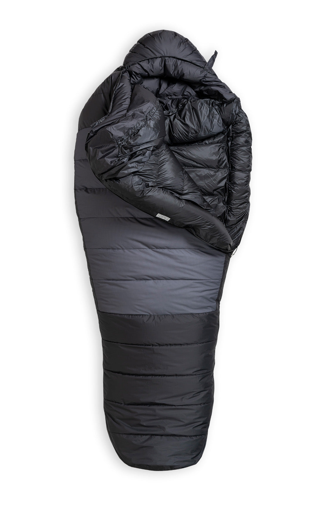 Studio image front view partially unzipped Feathered Friends Snow Goose ES -40 Down Sleeping Bag Black and Grey colors