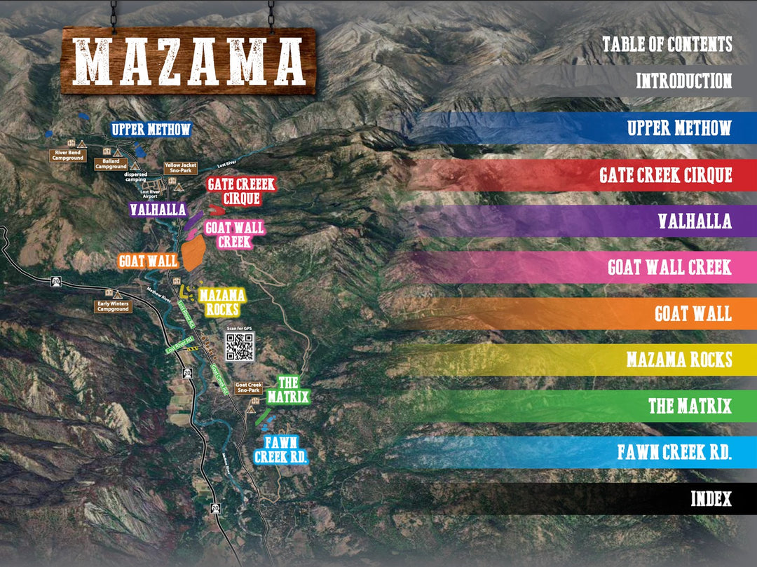 Mazama rock climbing book page showing location of each climbing area