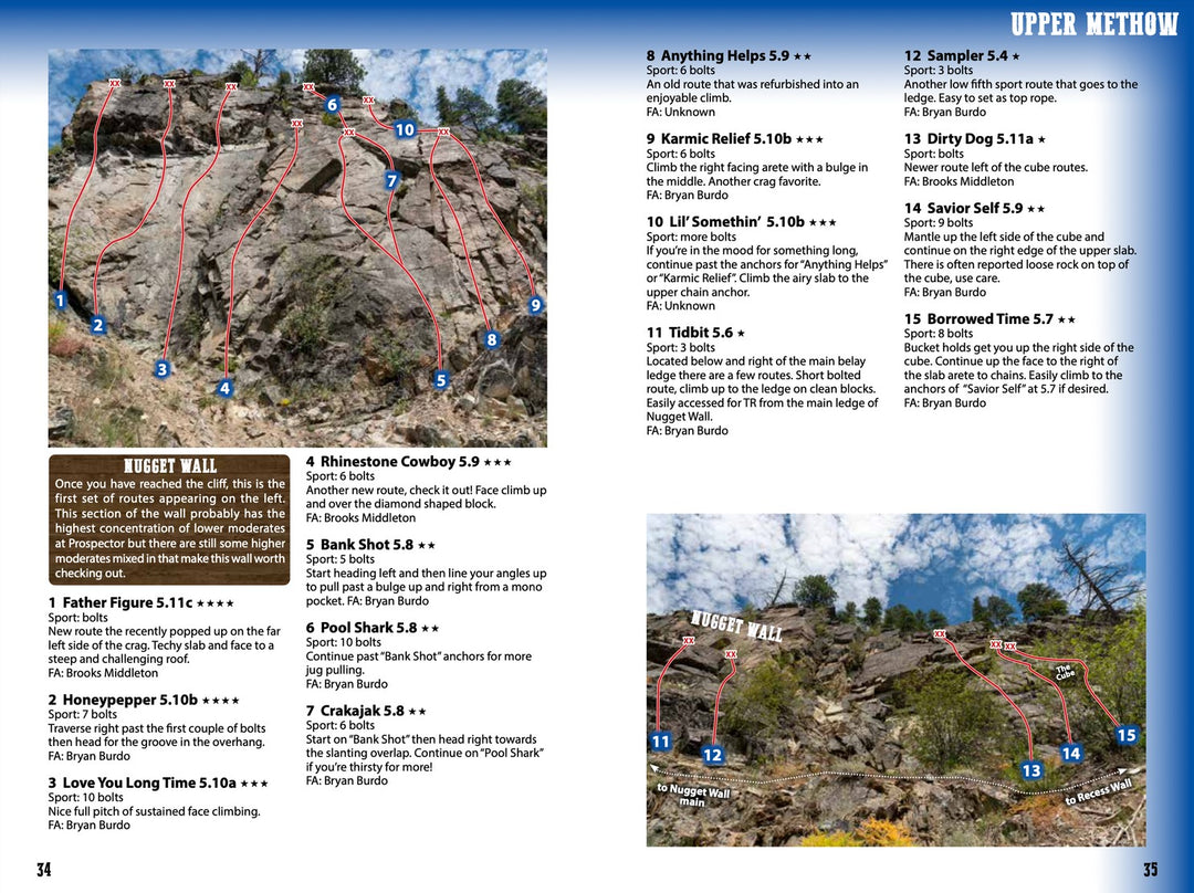 Mazama rock climbing guide page showing climbing routes